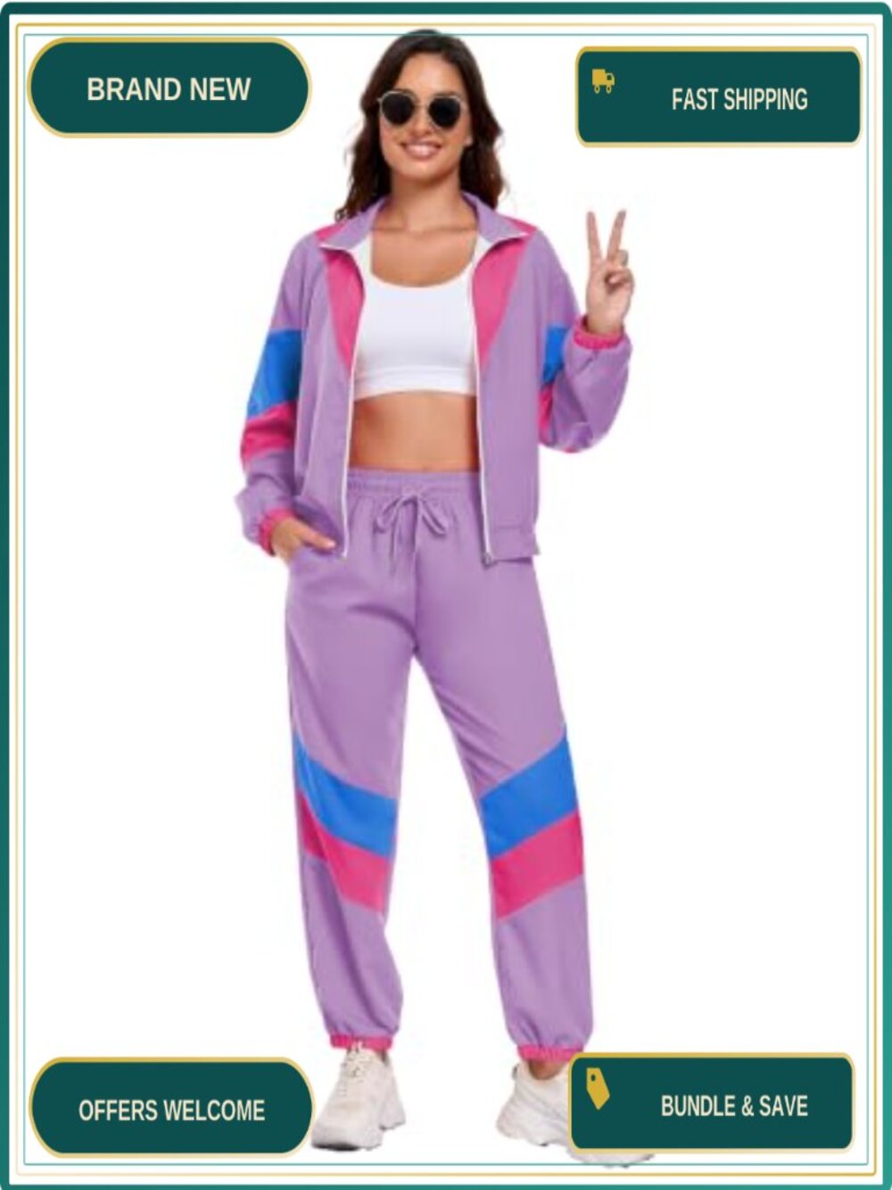 Retro Color Block Tracksuit Windbreaker 80s 90s Workout Costume 2 Piece Set